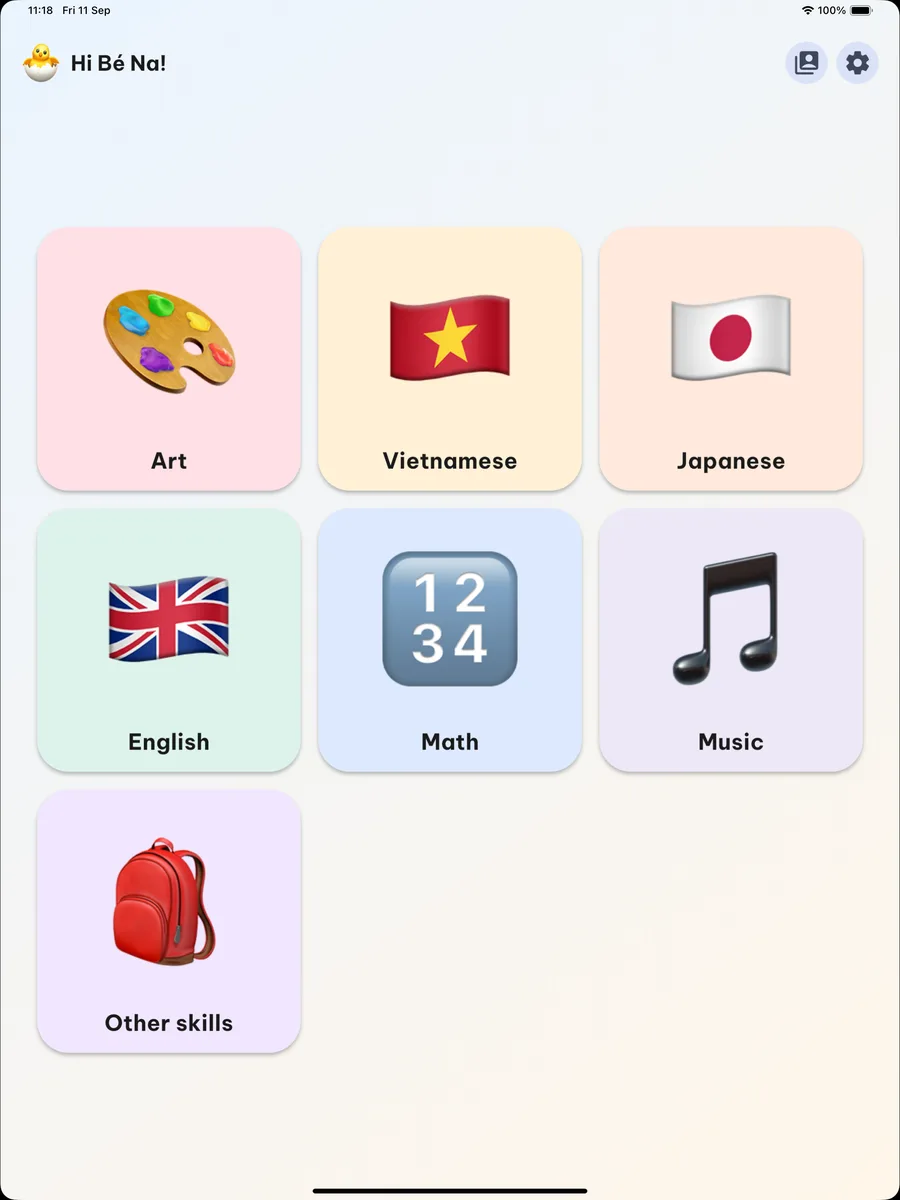 The Dino Kids home screen on iPad, split into large tiles by subject