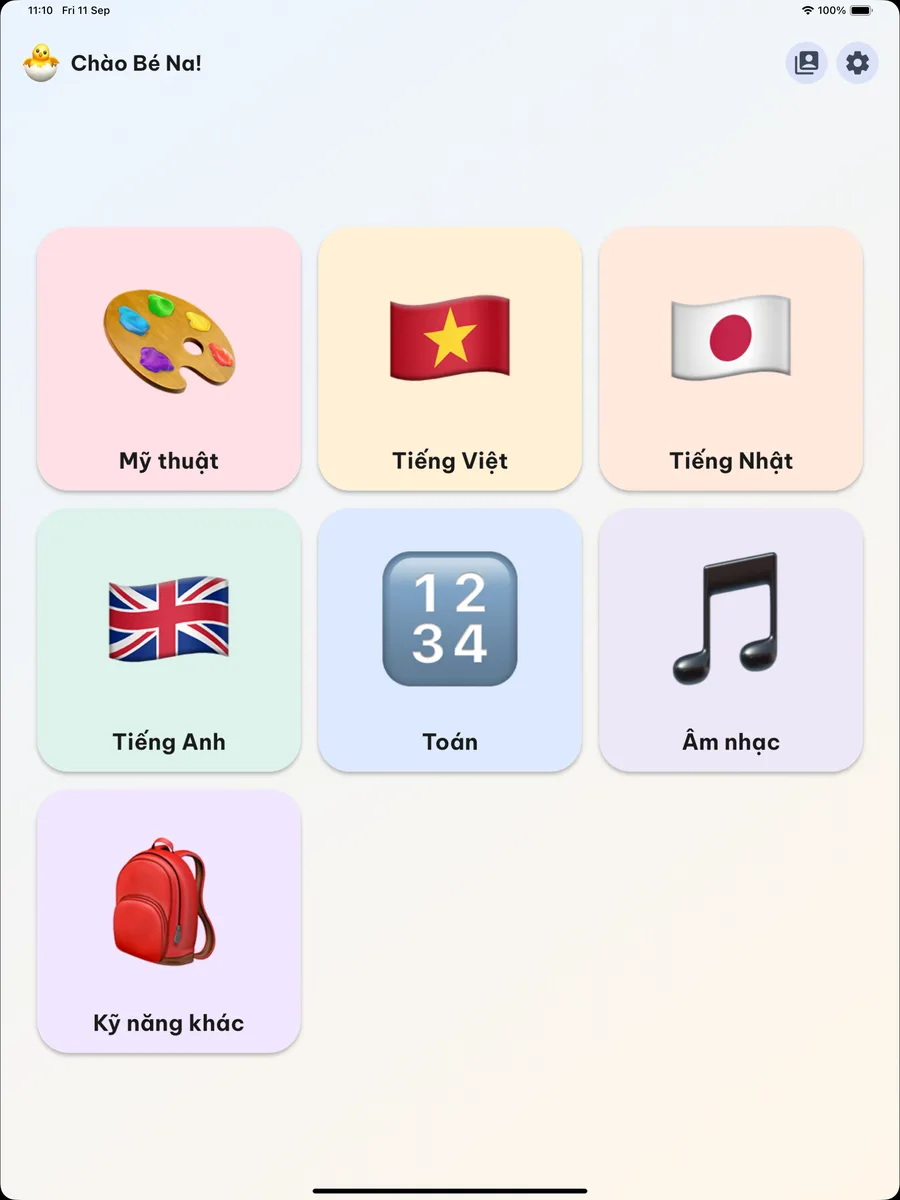 Màn hình chính của Dino Kids trên iPad, chia thành các ô lớn theo môn học
