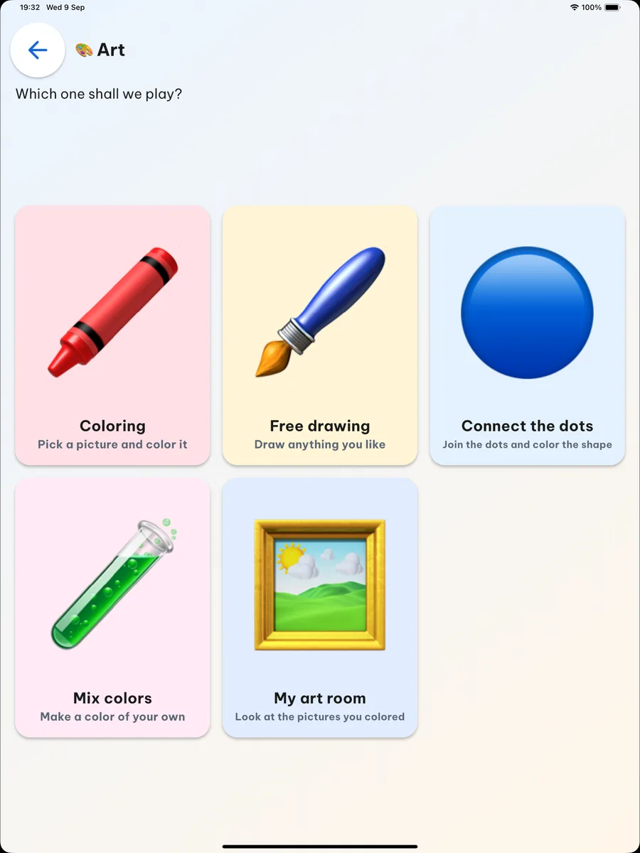 The art menu on iPad: Colouring, Free drawing, Dot-to-dot, Colour mixing