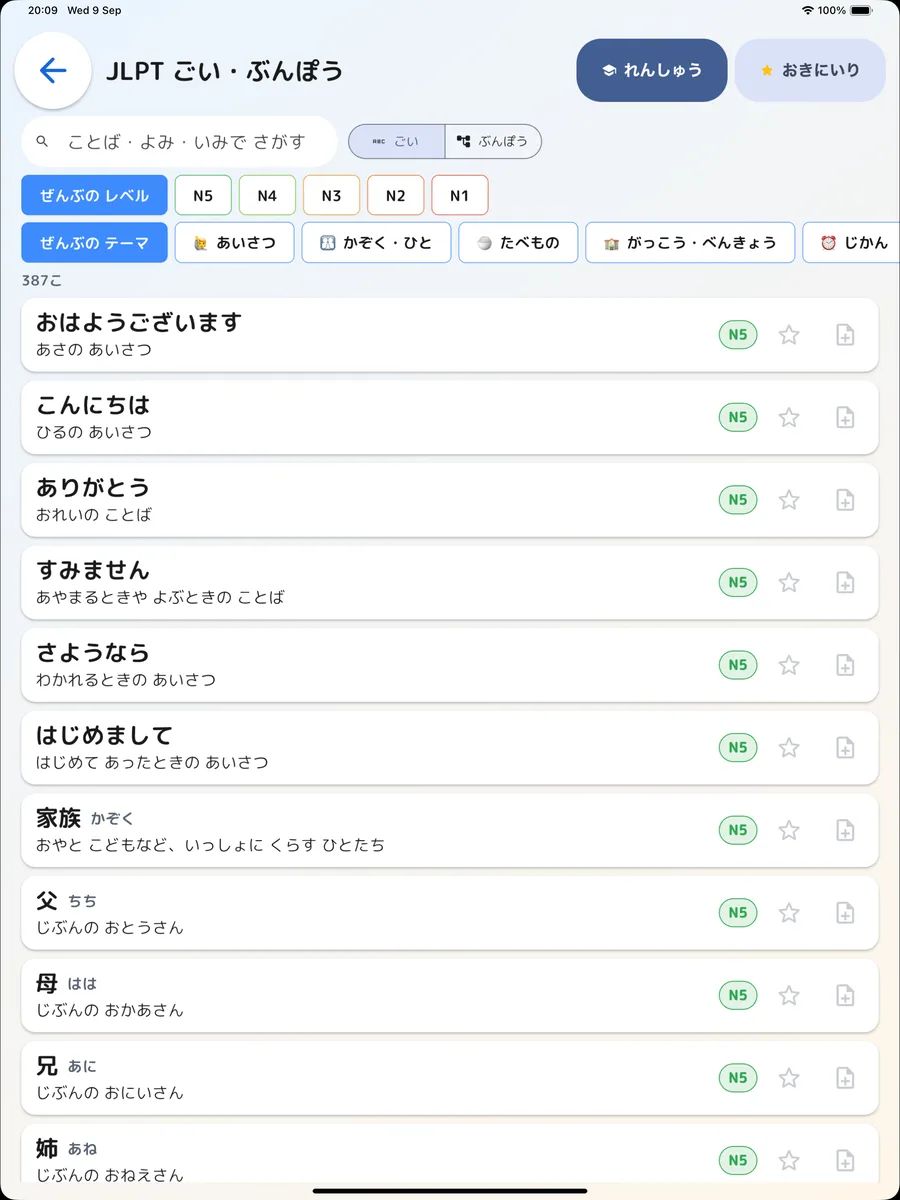 iPad の JLPT 語彙・文法画面。N5 から N1 まで絞り込み