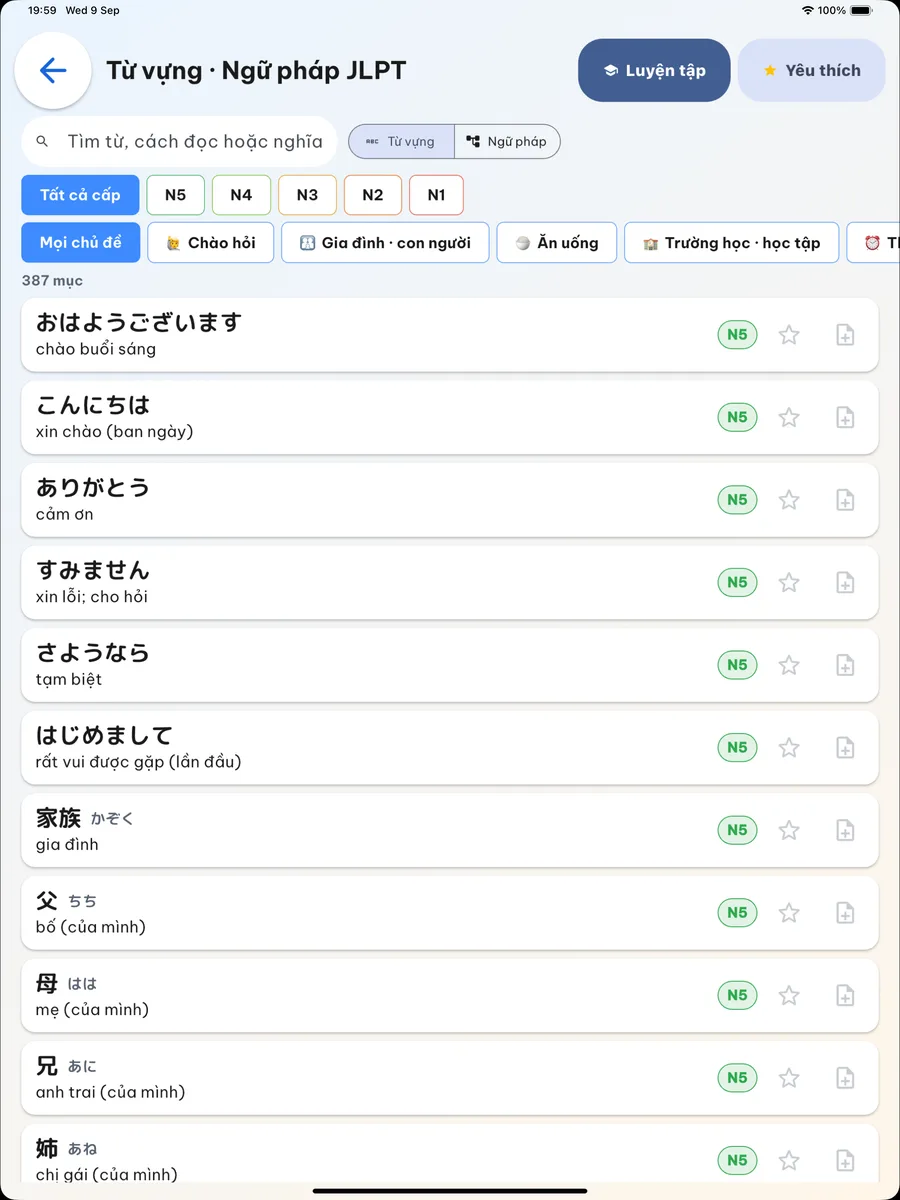 Màn từ vựng và ngữ pháp JLPT trên iPad, lọc theo cấp N5 đến N1