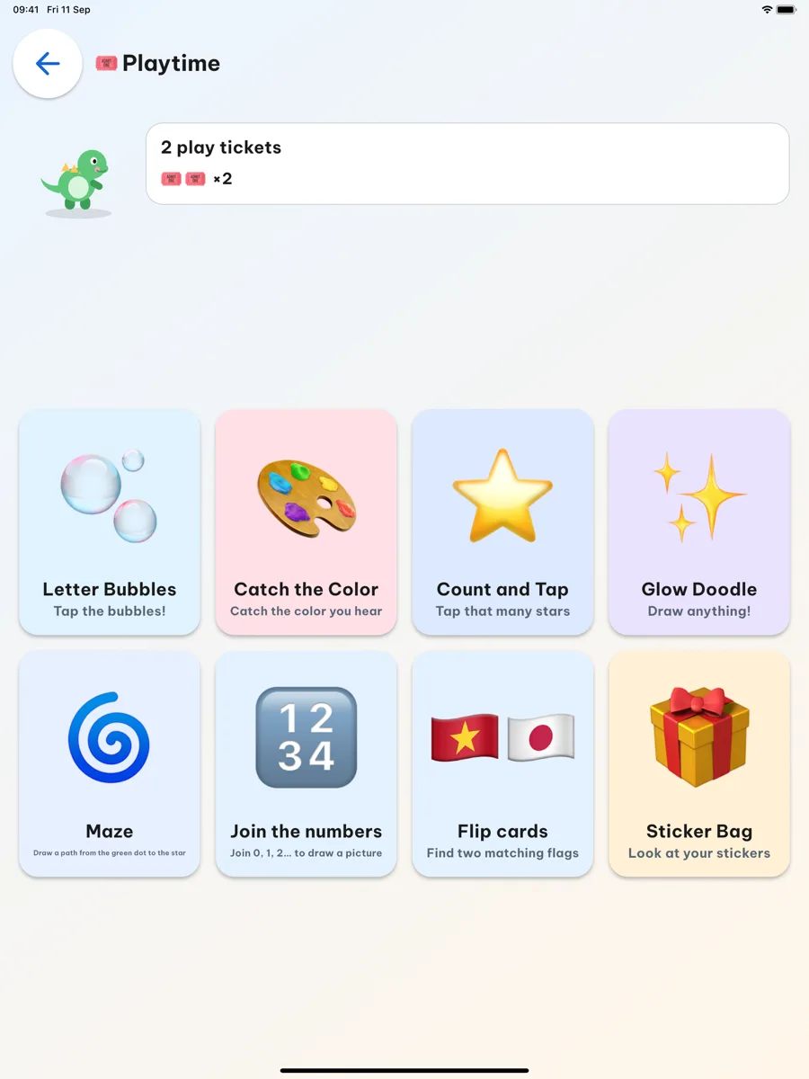 The Playtime screen on iPad with the Dino companion and seven games