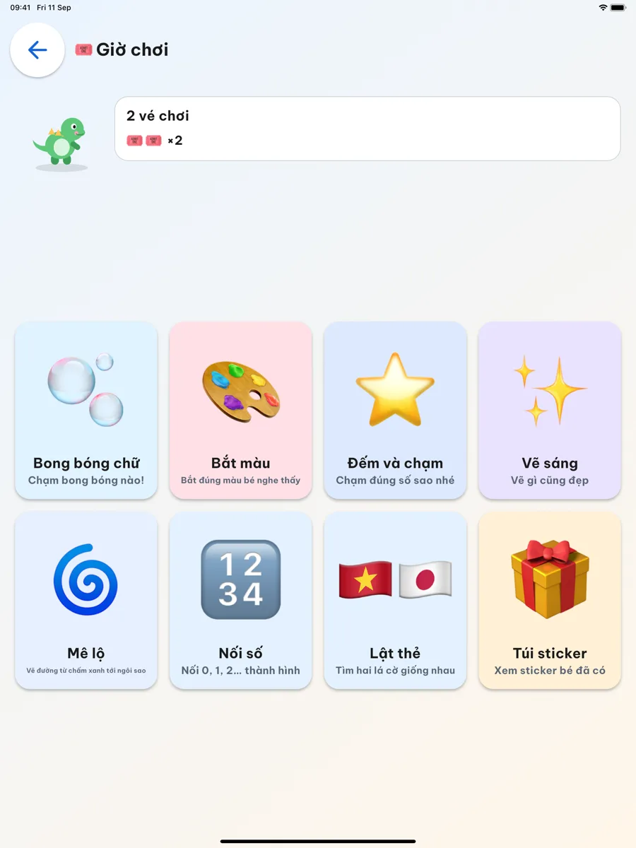 Màn Giờ chơi trên iPad với bạn Dino và bảy trò chơi