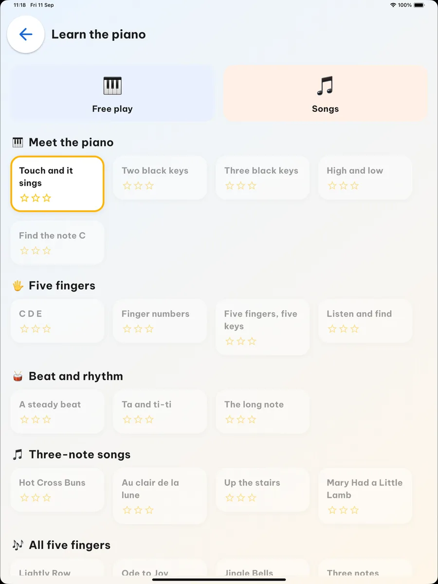 The piano path on iPad: six stages, three stars on every lesson