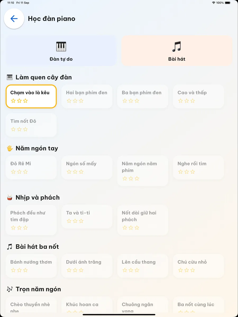 Lộ trình học piano trên iPad: sáu chặng, mỗi bài có ba ngôi sao