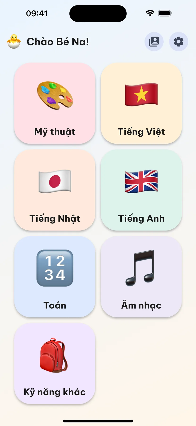 Màn hình chính của Dino Kids trên iPhone