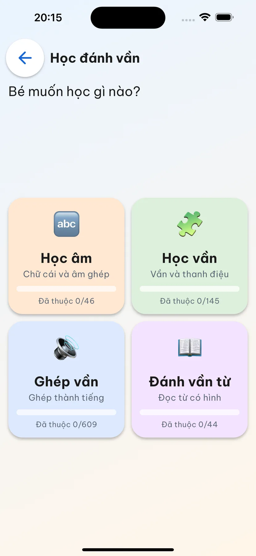 Màn học đánh vần tiếng Việt trên iPhone